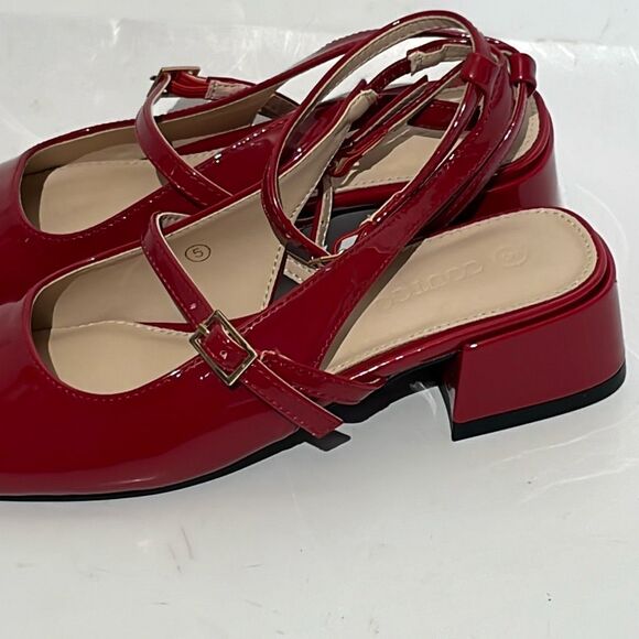 Coutgo Women's Red Patent Square Toe Block Heel Sling Back Pumps Size 5 - Picture 8 of 12